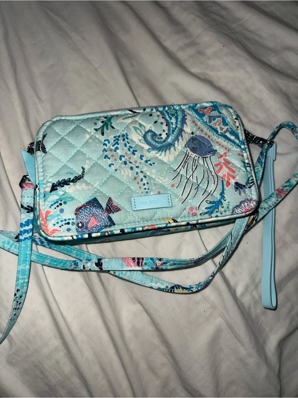 Vera Bradley Quilted Sea Life Crossbody in Light Aqua and Coral Accents